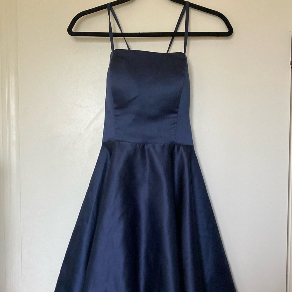 Elegant Navy Blue Spaghetti Strap A Line Dress pockets Homecoming Dance  Formal